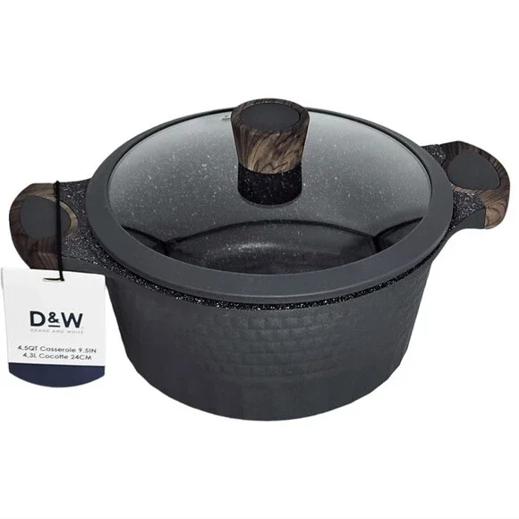D&W‎ Premium Cookware 9.5in Stock Pot Casserole with Lid Nonstick 4.5QT Charcoal